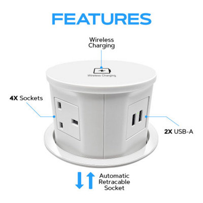 Vorsprung Retractable Pop Up Sockets (Pack of 2) - 4x UK Plug + 2x USB + Fast Wireless Charging Pad (White)