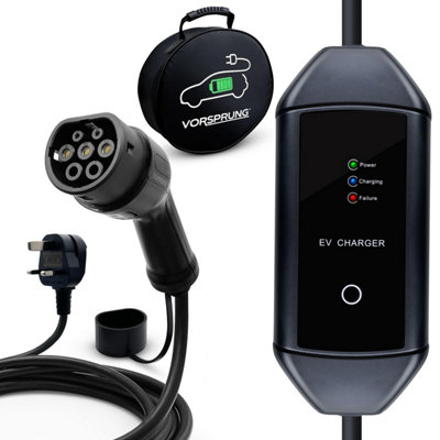 Vorsprung Type 2 to 3 Pin UK Plug Portable EV Charger - 8 Metres, Charging indicator, Charge Anywhere - Free Storage Bag