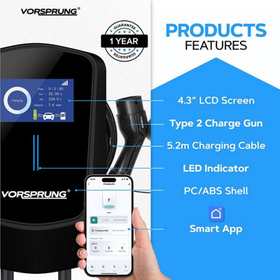 Vorsprung VoltRider - Smart EV Charger with Smart App & LCD Display - 32A/7.4kW - 5-Metre - 3