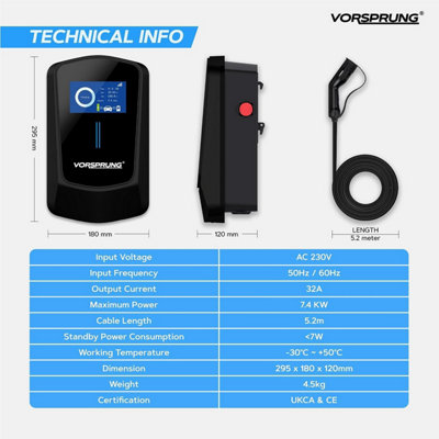 Vorsprung VoltRider - Smart EV Charger with Smart App & LCD Display - 32A/7.4kW - 5-Metre - 6