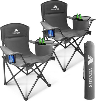Voyager Folding Camping Chairs 2 Pack with Cooler Bag, Lightweight Q195 Steel Frame, 600D Oxford Fabric, Portable