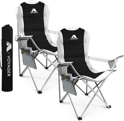 Voyager Garden Folding Black Chair  2 Pack  Cup Holder, Side Pockets , Fishing, Picnic Camping, Travel Comfort , Waterproof