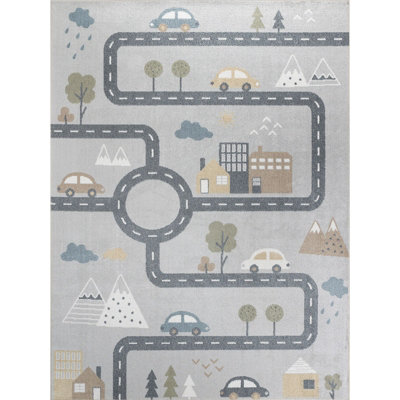VROOMVILLE Kids Machine Washable Blue/Grey Bedroom Area Rug 140 x 200 cm