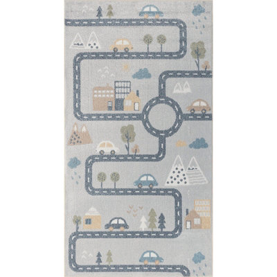 VROOMVILLE Kids Machine Washable Blue/Grey Bedroom Area Rug 80 x 150 cm