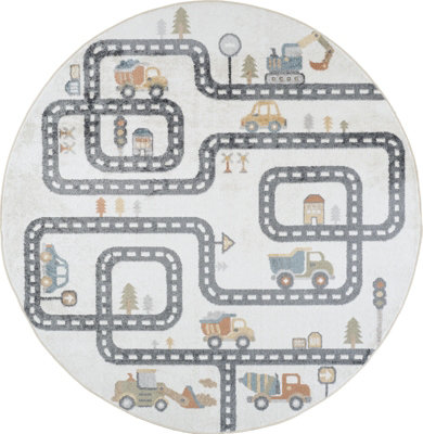 VROOMVILLE Round Kids Machine Washable Beige/Grey Bedroom Area Rug 160 x 160 cm