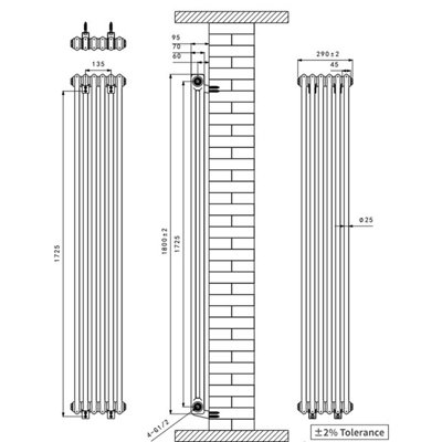VRUC Cast Iron Style Radiator Traditional 2 Column 1800x290mm Raw Metal