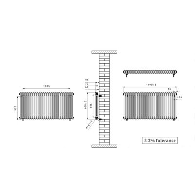 VRUC Cast Iron Style Radiator Traditional 2 Column 600x1190mm Raw Metal