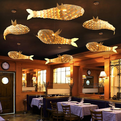 Vrygle 80cm Unique Fish Shaped Pendant Light Wood Shade Ceiling Chandelier Loft Homestay Art (1 pcs)