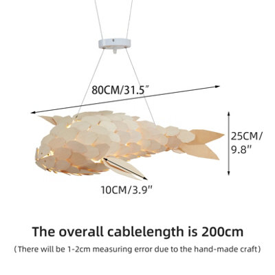 Vrygle 80cm Unique Fish Shaped Pendant Light Wood Shade Ceiling Chandelier Loft Homestay Art (1 pcs)