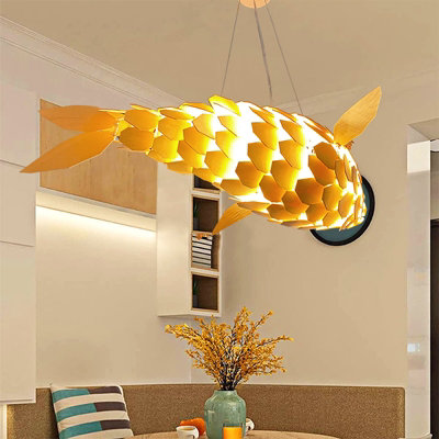 Vrygle 80cm Unique Fish Shaped Pendant Light Wood Shade Ceiling Chandelier Loft Homestay Art (1 pcs)