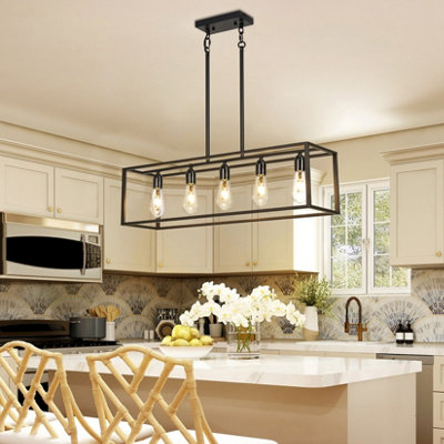 Gracie Oaks Black Chandeliers Rectangle Pendant Lights Kitchen Island Farmhouse Fixture Lights Cage 6 Lights Modern For Dining Room Living Room W111752533