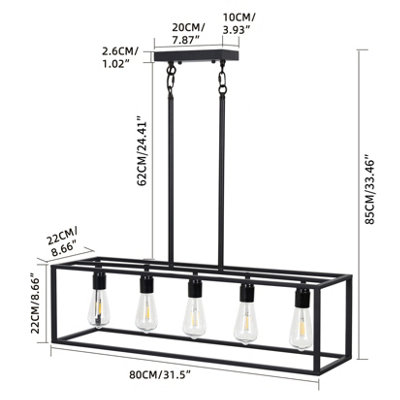 Vrygle Industrial Kitchen Island Chandelier 5 Light Linear Hanging Pendant Ceiling Lamp 80cm