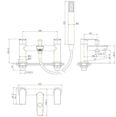 VURTU Amwell Bath Shower Mixer, 1/4 Turn, Dual Lever Ceramic Disc, High/ Low Water Pressure, 240(H) x 220(W), Chrome, 628509