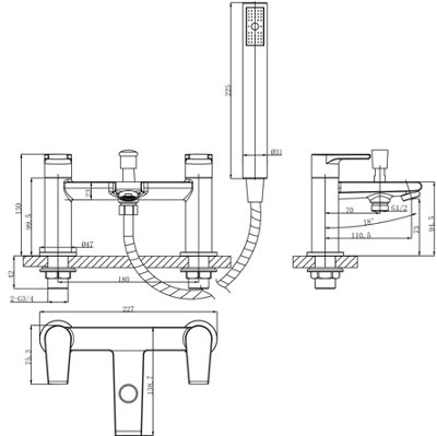 VURTU Anstey Bath Shower Mixer, 1/4 Turn, Dual Lever Ceramic Disc, High/ Low Water Pressure, 240(H) x 220(W), Black, 628517