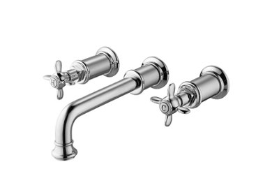 VURTU Danube 3 Tap Hole Wall Mounted Basin/ Bath Filler, 1/4 Turn, Dual Lever Ceramic Disc, Chrome, 381701