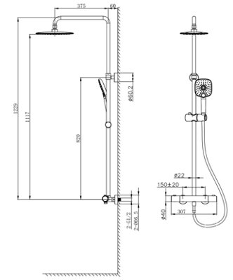 VURTU Hertford Thermostatic Shower Valve System, 870(H) x 325(W), Chrome, 628550