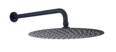 VURTU Noir 300mm Round Shower Head With Fixed Arm, 85(H) x 470(W), Black, 600009