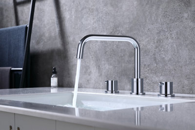 VURTU Venus 3 Tap Hole, D Shape Basin Mixer, 1/4 Turn, Dual Lever Ceramic Disc, 210(H) x 356(W), Chrome, 421301 (DC)