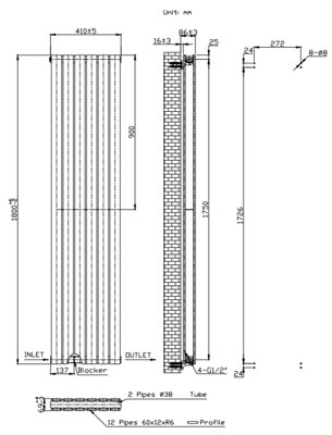 VURTU1 Designer Vertical Double Panel Radiator, 1800(H) x 410(W),  Black, 613628