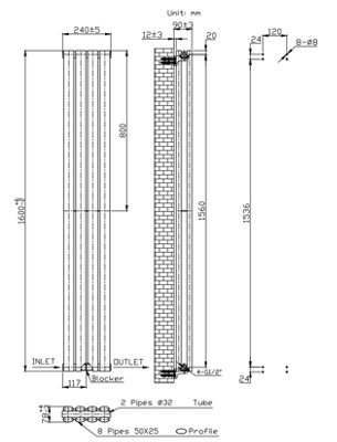 VURTU2 Designer Vertical Double Panel Radiator, 1600(H) x 240(W), Black, 613632