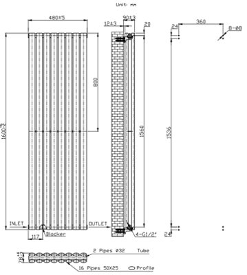 VURTU2 Designer Vertical Double Panel Radiator, 1600(H) x 480(W), Anthracite, 613635
