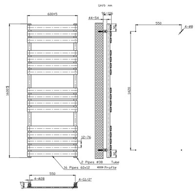 VURTU4 Designer Vertical Single Panel Radiator, 1600(H) x 600(W), Anthracite, 613659