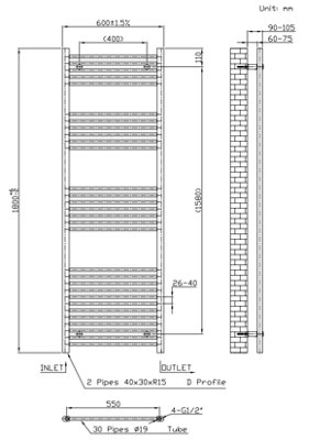 VURTU5 Designer Vertical Ladder Style Radiator, 1800(H) x 600(W), White, 613671