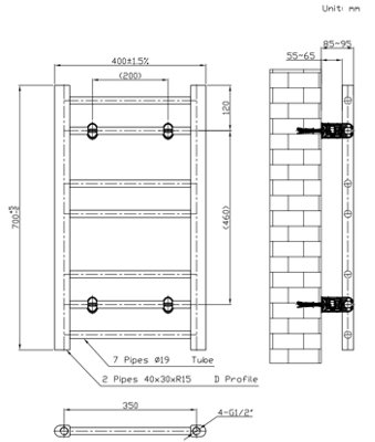 VURTU5 Designer Vertical Ladder Style Radiator 700(H) x 400(W), Chrome ...