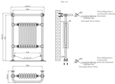 VURTU7 Designer Vertical Period Style Column Radiator, 952(H) x 659(W), Chrome White, 613682