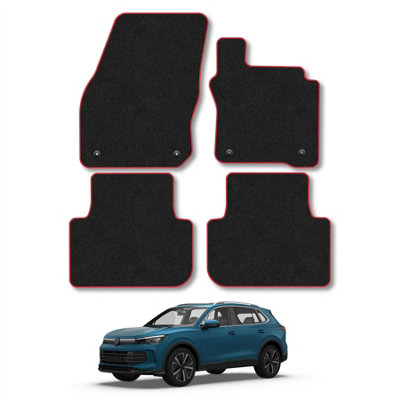 Car Mats to fit Volkswagen Tiguan Allspace (2016-2024) Black Carpet with Grey & Silver Trim & Black Rectangle Heel Pad [2565