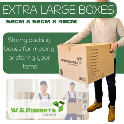 W.E. Roberts Moving Packing Kit, 5 Extra Large Strong Cardboard House Moving Boxes with 1 Roll 66 Metre Low Noise Tape