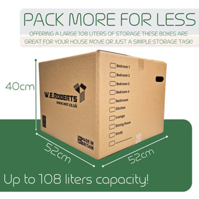 W.E. Roberts Moving Packing Kit, 5 Extra Large Strong Cardboard House Moving Boxes with 1 Roll 66 Metre Low Noise Tape