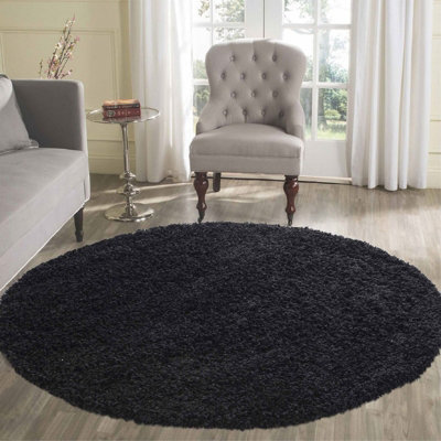 Wadan 120cm Black Circular Shaggy Rug - Modern Round Rug - Soft Touch ...