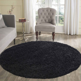 Wadan 120cm Black Circular Shaggy Rug - Modern Round Rug - Soft Touch Thick Pile Area Rug for Living Room and Bedroom