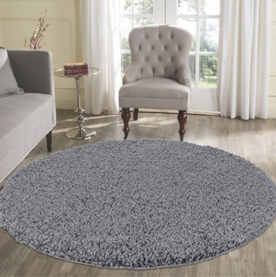 Wadan 120cm Dark Grey Circular Shaggy Rug - Modern Round Rug - Soft Touch Thick Pile Area Rug for Living Room and Bedroom