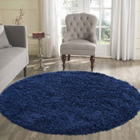 Wadan 120cm Navy Blue Circular Shaggy Rug - Modern Round Rug - Soft Touch Thick Pile Area Rug for Living Room and Bedroom