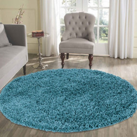 Wadan 120cm Teal Blue Circular Shaggy Rug - Modern Round Rug - Soft Touch Thick Pile Area Rug for Living Room and Bedroom