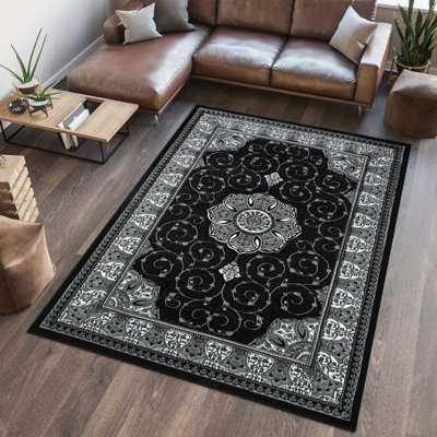 Wadan 120x170 cm Black Tabriz Royal Rug, 10mm Soft Pile Oriental Rug, Washable Area Rugs, Royal Tabriz Rug for Home and Office