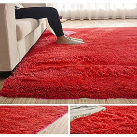 Wadan 120x170cm Red Fluffy Shaggy Rug - Comfort Soft Fluffy Shaggy Rugs For Bedroom & Living Room Carpet - Anti Slip Area Rugs