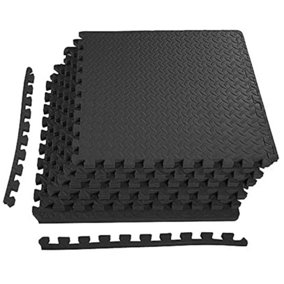 Wadan 12pc 60x60cm Black Leaf Interlocking Eva Floor Tiles, 48 SQ FT Non Slip Gym Flooring Mat Exercise Mats for Home Workout