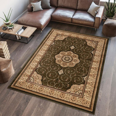 Wadan 240x320 cm Green Tabriz Royal Rug, 10mm Soft Pile Oriental Rug, Washable Area Rugs, Royal Tabriz Rug for Home and Office