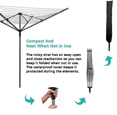 Wadan 4 Arm 50 Meter Grey Rotary Washing Lines - Heavy Duty Folding Garden Clothes Airer Dryer with Cover & Metal Ground Spike