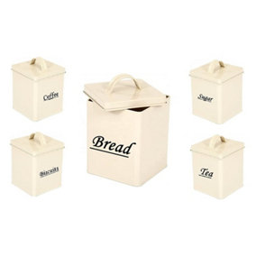 Wadan 5 Piece Cream Kitchen Canister Storage Tin Set - Airtight Metal Tins Containers Includes Bread, Biscuit, Tea, Coffee & Sugar