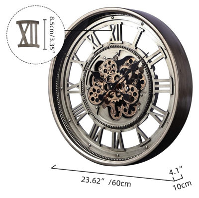 Wadan 60cm Bronze Mechanical Moving Gears Wall Clock Clear Numbers Easy to Read Battery Operated Analogue Wall Clock