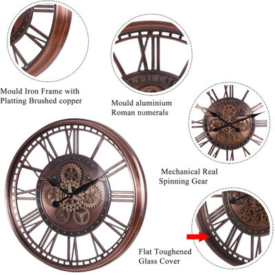 Wadan 70cm Copper Roman Mechanical Moving Gears Wall Clock Clear Numbers Easy to Read Battery Operated Analogue Wall Clock