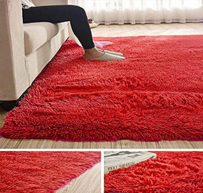 Wadan 80x150cm Red Fluffy Shaggy Rug - Comfort Soft Fluffy Shaggy Rugs For Bedroom & Living Room Carpet - Anti Slip Area Rugs