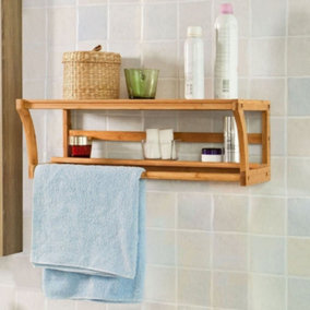 Wadan Bamboo Bathroom Wall Shelf with Towel Rail - Wall-Mounted Storage Shelf Rack for Bathroom, Kitchen and Living Room Holder