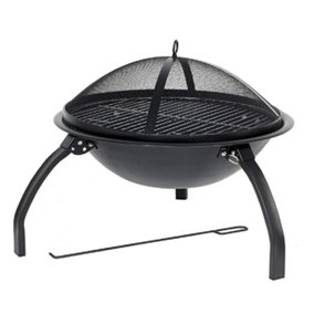 Wadan Black Steel Body Large Foldable Fire Pit - Garden Patio Heating, Cooking & Bbq - Includes Poker & Cooking Grill - H37xD56cm