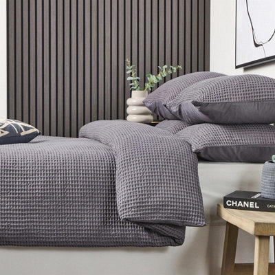 Waffle Single Duvet Cover and Pillowcase Bedding Set Dark Grey Premium Cotton