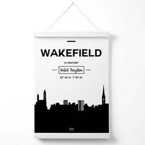 Wakefield Black and White City Skyline Poster with Hanger / 33cm / White